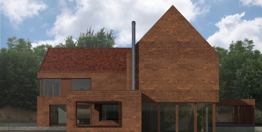 Projet NJM - Vue sur le pignon sud de la maison, l'architecture se distingue par sa géométrie simple et radicale