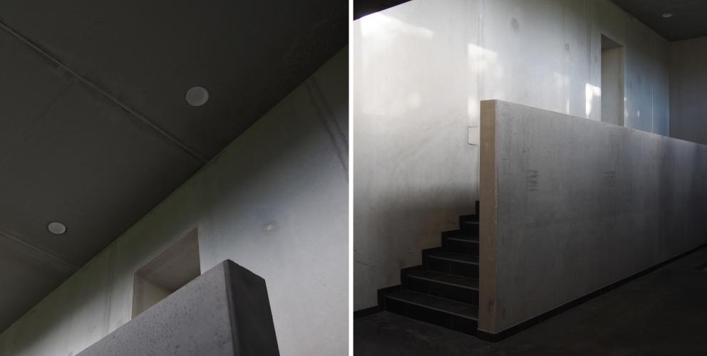 Projet SL - L'escalier connectant le garage et l'existant est masqué par un voile de béton qui semble se détacher de la façade