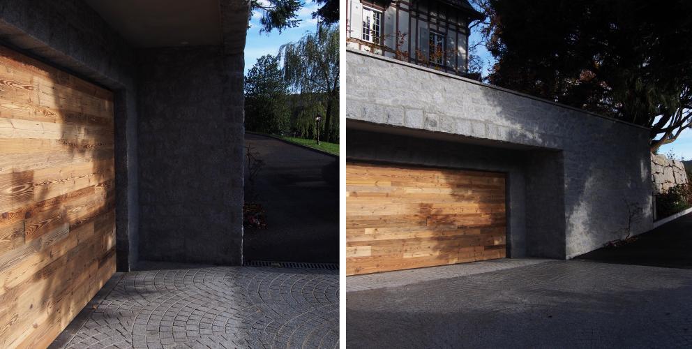 Projet SL - L'habillage de la porte de garage en bois rustique (récup.) se démarque du monolithe de granite