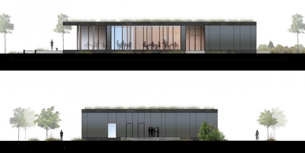 Forum - La façade Ouest s'ouvre sur le parc, tandis que la façade Sud - plus opaque - concentre les espaces techniques