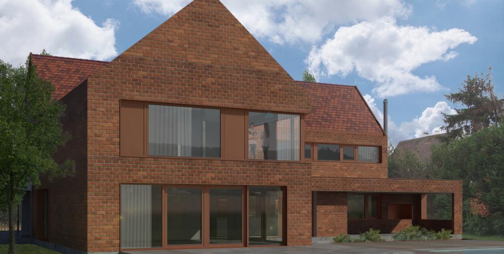 Projet NJM - Vu sur le pignon ouest de la maison, le bâtiment est généreusement ouvert vers l'extérieur